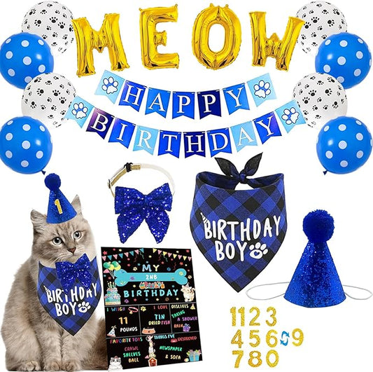 Cat Kitten Birthday Bandanas Cat Birthdays Party Supplies Party Hat Boy with Cat Birthdays Banner Balloons Meow Letter Foil Balloons for Boy Cats Kitten Decorations