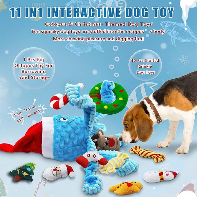 Squeaky Dog Toys, Christmas Octopus Dog Toy with 10 Pcs Small Dog Toy, Interactive Tug of War Dog Plush Toy, Crinkle Dog Toy Plush Dog Toys (Blue)
