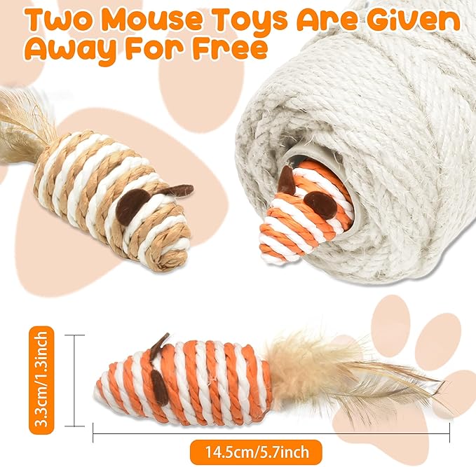 164FT/50M Cat Scratching Sisal Rope, 6mm Thick Natural Jute Rope for Scratch Posts, Cat Trees, DIY Projects, Sisal Rope for Cat Scratcher with 2 Cat Mouse Toys (White, 164ft)