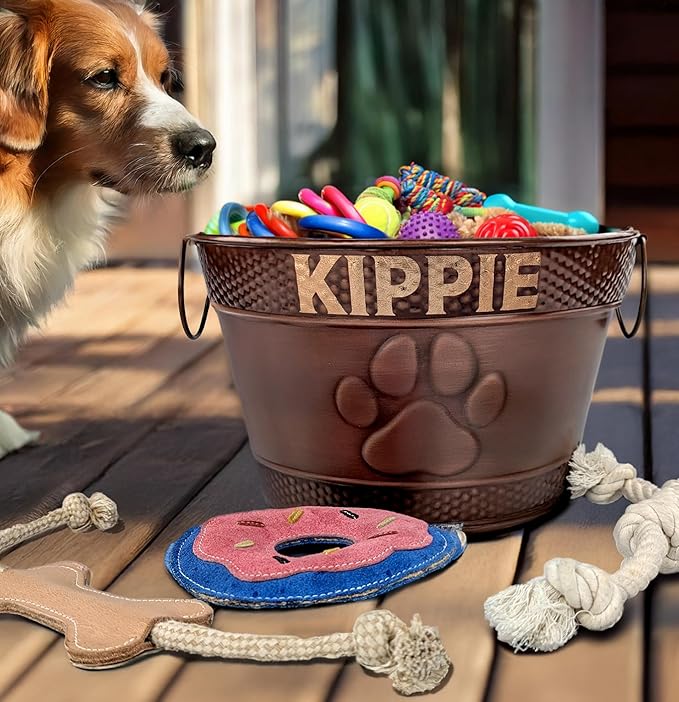 Personalized Metal Dog Toy Bin + 3 Toy Combo Set - Copper Galvanized Storage Bin with Handles, Basket for Pet Toys, Dog Toy Box, Pet Storage - Custom Dog Name Gift (Small - Copper)