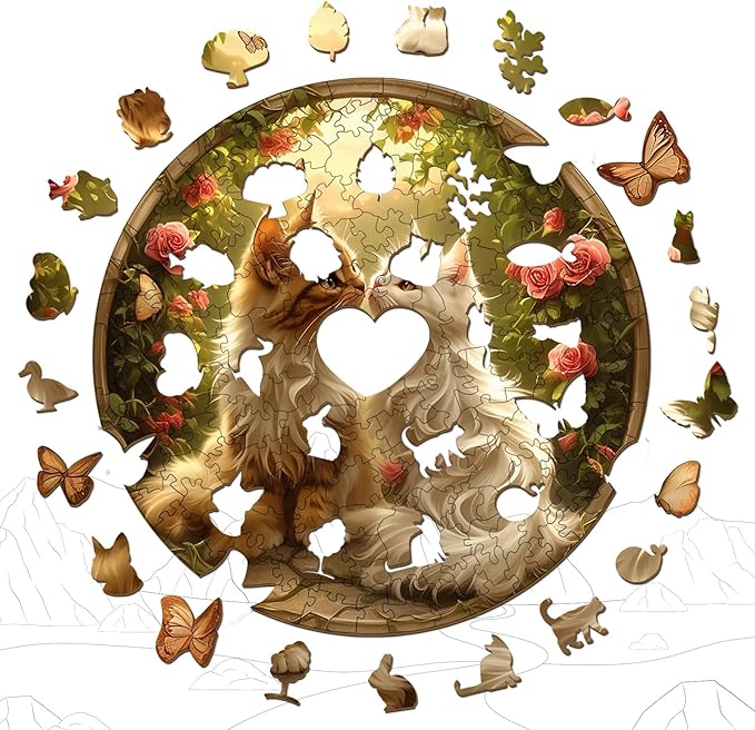 Wooden Puzzle - Couple Cat Wood Puzzles Adult - Unique Animal Shape Wood Jigsaw Puzzles - Birthday Gifts for Cat Puzzle Lovers, Family (13.3 * 13.3in-300 Pieces)
