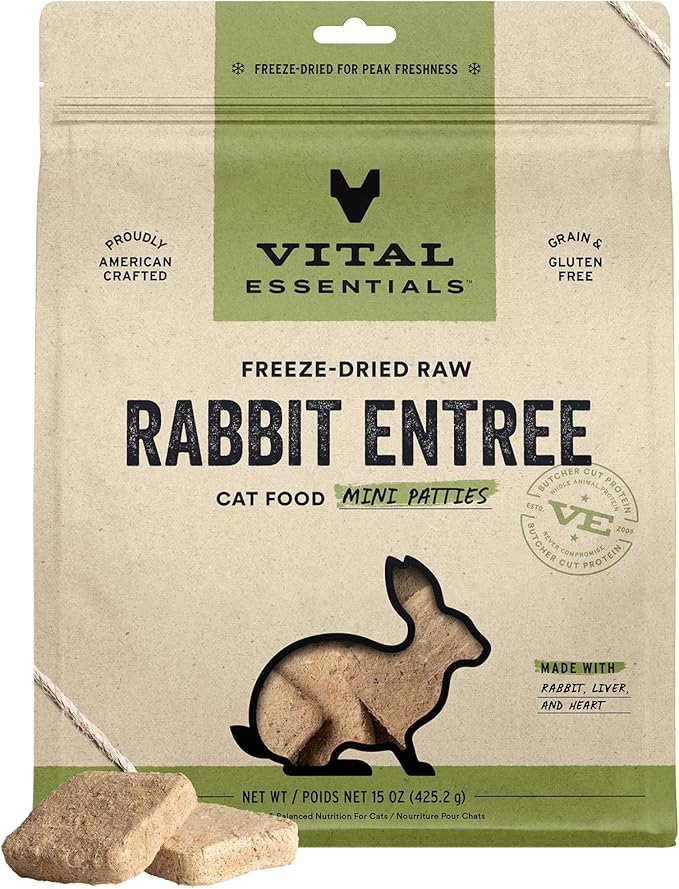 Vital Essentials Freeze Dried Raw Cat Food, Rabbit Mini Patties Entree, 15 oz