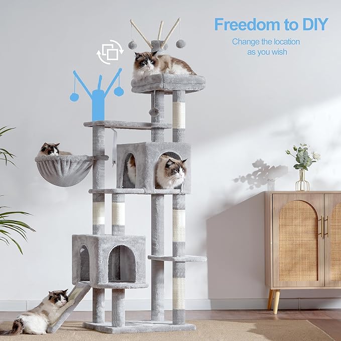 Hey-brother Cat Tree Tower, Sturdy Scratching Posts with Platform, Large Condos, Hammock, Removable Toys, Scratch Board, Multi-Level Furniture for Indoor Cats, 59.0 or 72.8 Inches, Light Gray MPJ055W