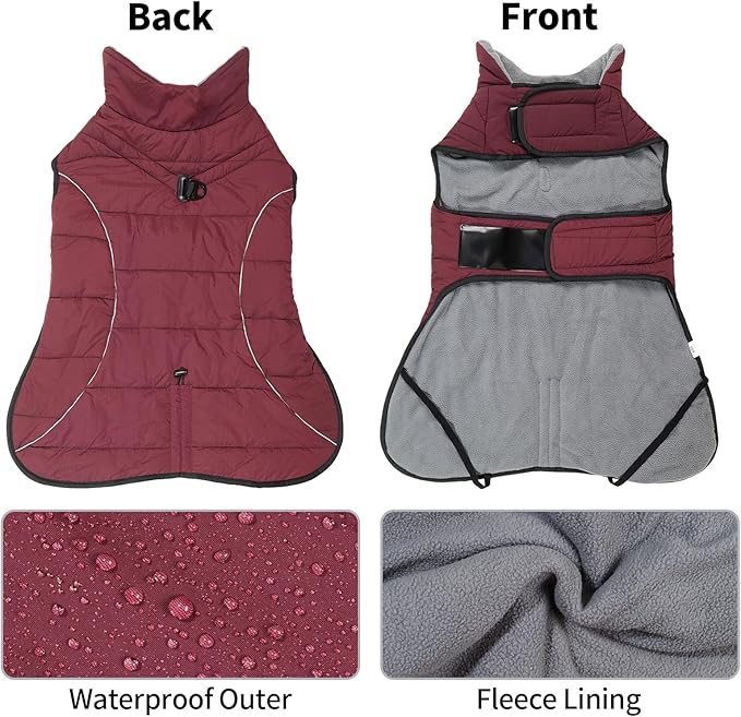 LIANZIMAU Dog Winter Coat with D Ring Leash Built in Waterproof Windproof Reflective Warm Winter Jacket Adjustable Tail Insulated Apparel for Dogs