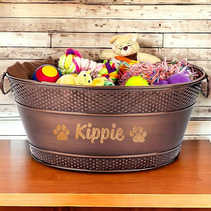 Personalized Metal Dog Toy Bin - Copper Galvanized Storage Bin with Handles, Basket for Pet Toys, Dog Toy Box, Pet Storage - Custom Dog Name Gift