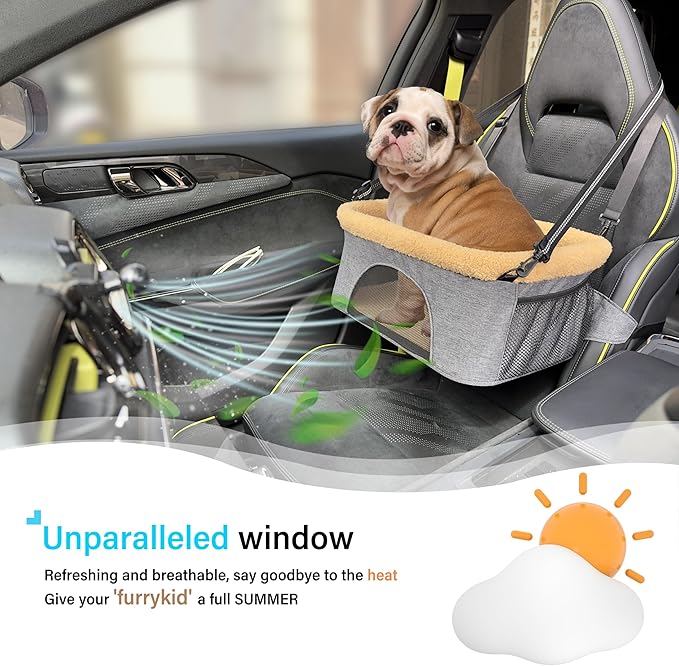 ROODO Deluxe Dog Booster Seat with Height-Adjustable Foldable Metal Frame and Safety Leash,Portable Pet Car Seat for Under 20lb Puppy Cats with Plush Thick Cushion Mesh Window Pockets(Cation Gray