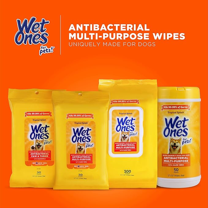 Wet Ones for Pets Multipurpose Dog Wipes with Aloe Vera, Tropical Splash Scent - Pet Bathing Wipes in Canister for Dog Paws & All Over Use, 50 Count - 3 Pack