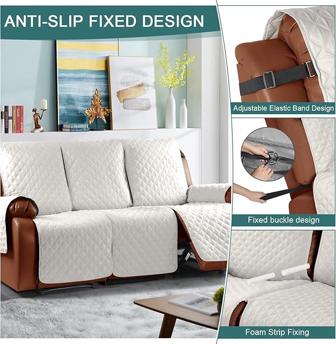 Ruaozz Waterproof Recliner Couch Covers 1-Piece Sofa Covers Washable Recliner Covers Non-Slip Furniture Protector with Elastic Straps Pocket for Kids, Pets(Beige, 3 Seater)