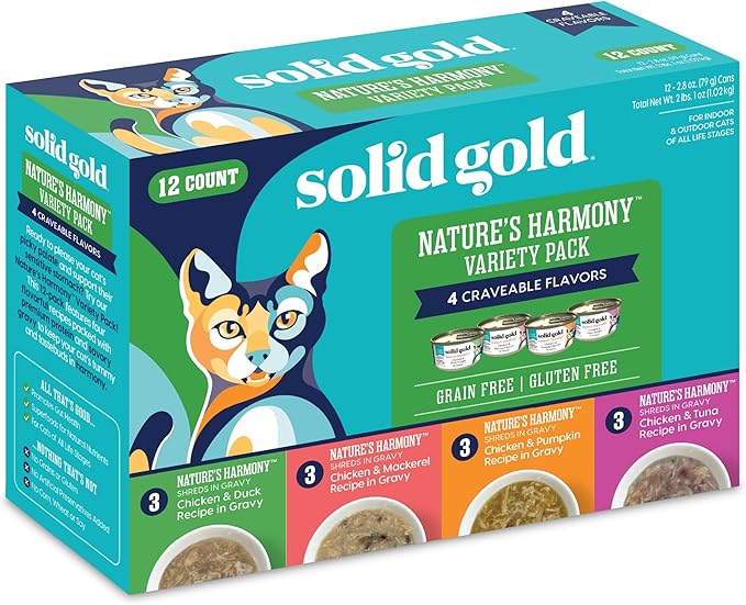 Solid Gold Wet Cat Food Variety Pack Shreds in Gravy - Healthy Canned Cat Food Made w/Real Chicken & Protein Shreds, Vitamins - Grain Free & Gluten Free Canned Meals for Cats & Kittens - 24ct/3oz Can