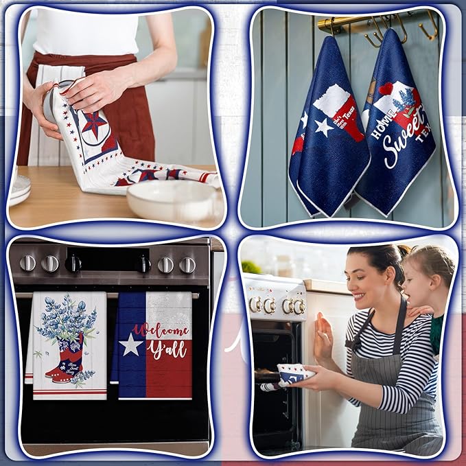 TecUnite 6 Pcs Texas Bluebonnets Kitchen Towels Texas Souvenirs Dishcloth 24 x 16 Inches Gifts Sweet Hand Towels White Blue Red Print Decorative Tea Dish Cloth for Home Decoration