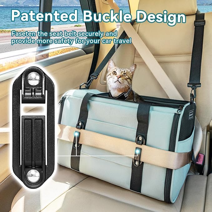 PETSFIT Cat Car Carrier for Small/Medium Cats Dogs, 18"x11"x11" Airline Approved Cat Carrier, with Patent Safety Buckles and Escape-Proof Zipper - Safeguarding Car Travel, Airplane, Vet, Outdoor