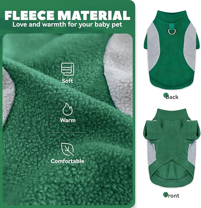 Small Dog Sweater with Leash Ring Soft Warm Fleece Fall Winter Dog Clothes Cute Cat Apparel Puppy Sweaters Classic Pullover Doggy Sweatshirts Chihuahua Costumes Cat Outfits(Green,XL)