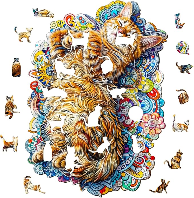 KAAYEE Wooden Puzzles for Adults, Sleeping Cat-1 90 Piece Unique Animal Shape Puzzle, Cat Wood Puzzle for Adults, Creative Gifts for Friends/Family, Home Decor(8.5 * 6.1in)