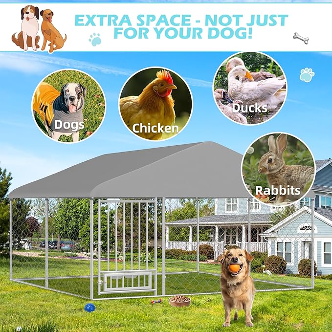 Erinnyees 10FT x 10FT Outdoor Dog Kennel with Roof, Dog Kennel Outside Dog Run Fence, Large Dog House Pen Enclosure with Secure Lock and Textilene Door