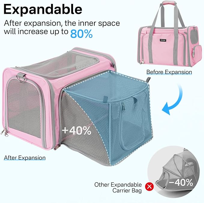 Cat Carrier Soft for Travel & Vet Visits, Expandable Soft Pet Carrier for Cats Dogs Up to 15 lbs, Breathable & Cozy Cat Bag Carrier, Airline Approved Portable Pet Travel Carrier, Pink