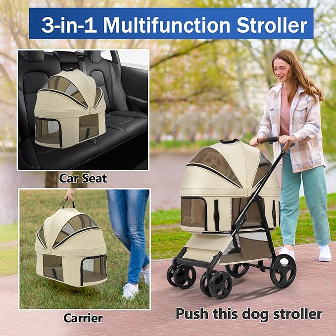 4 Wheels Pet Stroller for Small/Medium Dogs and Cats with Detachable Carrier and Storage Basket,One Click Folding, Compact Portable,3 in1 Multifunctional (Grey)