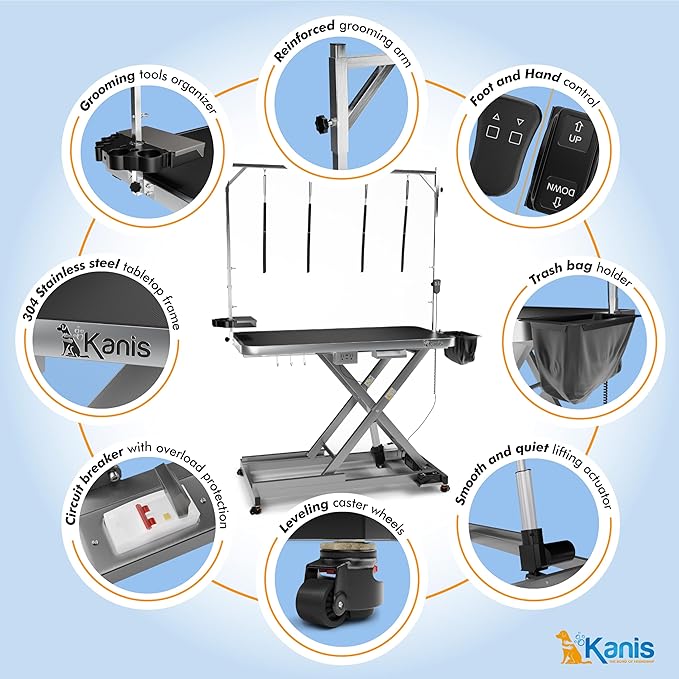 KANIS Professional Electric Dog Grooming Table - Heavy Duty, Height Adjustable Pet Grooming Table w/Leveling Wheels, Grooming Arm, Anti Slip Tabletop & Tool Organizer/Dog Grooming Station (49", Grey)