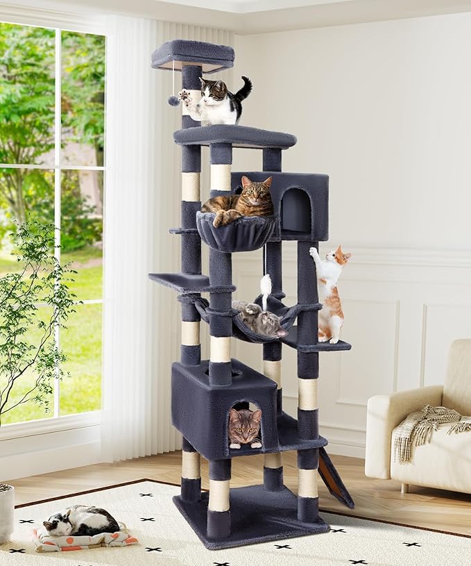 AMHANCIBLE Heavy Duty Cat Tree for Indoor Cats Large Adult 20 lbs+, 83 Inch Multi-Level Tall Cat Tower with Scratching Post and Board, Hammock, Condos, Hanging Basket, Dark Grey, PT21DG