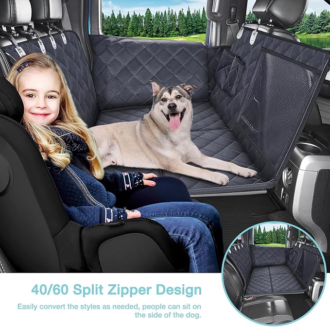 Truck Hard Bottom Car Seat Cover for Dogs | Mesh Window & 2 Safety Belts | 100% Waterproof Sturdy Back Seat Extender with Door Protectors |Non-Slip,Scratchproof Pet Car Rear Seat Protector Fit Pickup