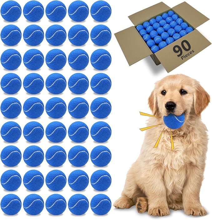 Magicorange Dog Tennis Balls,90 Pack 2.5 inch Floatable Squeaky Tennis Balls for Fetch Exercise, Natural Rubber Squeaky Dog Ball Training Safe (Dark Blue, 2.5inch)