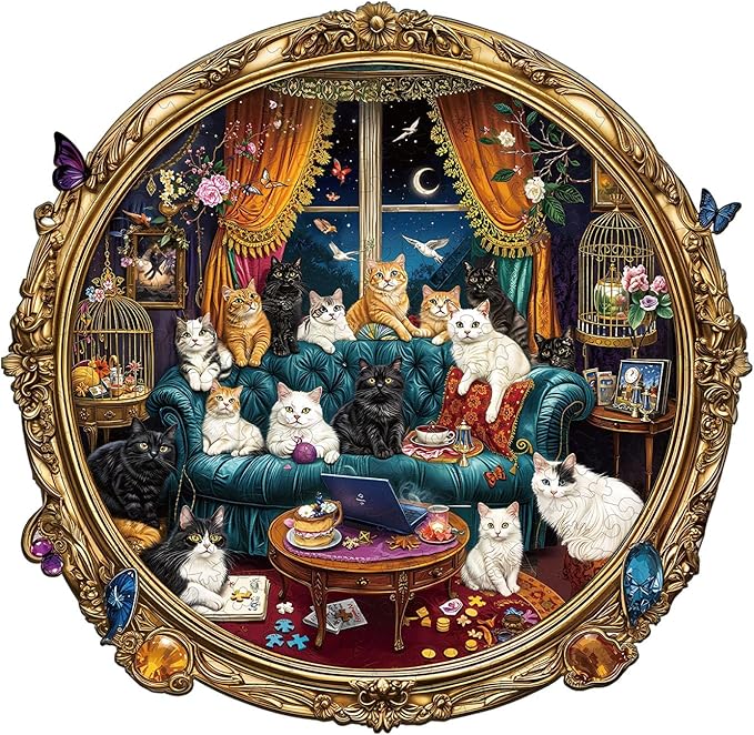 Wooden Puzzles for Adults, Cat Party Night Wooden Jigsaw Puzzle for Adults, Wood Puzzles Adult, Unique Shape, Presents for Friends, Wall Art Home Decor (M-11.4 * 11.1in - 190 pcs)