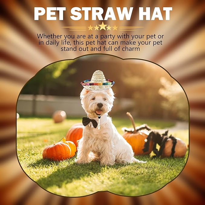 8 Pcs Pet Sombrero Hats Mini Sombrero Cap Cinco de Mayo Fiesta Hat Small Mexican Straw Hat for Puppy Dogs Cats Fiesta Party Decorations