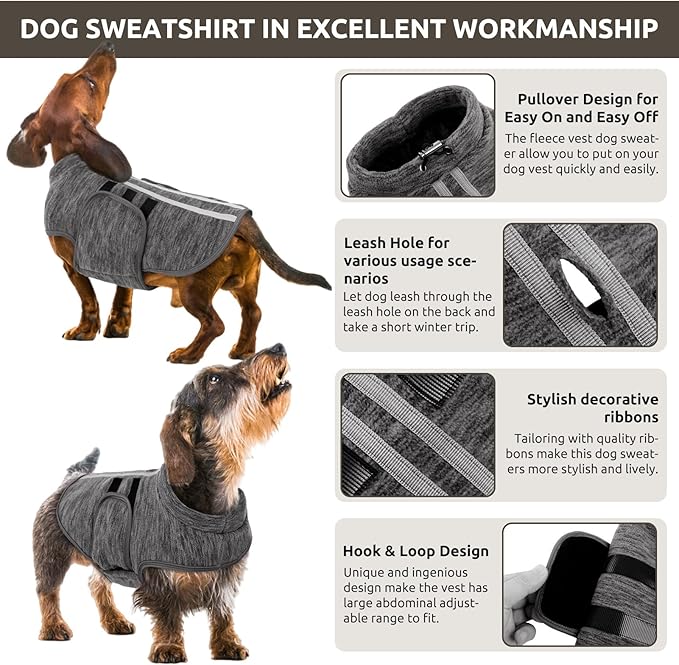 Queenmore Medium Dog Sweaters, Soft Fleece Vest Pullover Dog Jacket with Leash Hole, Warm Winter Dogs Clothes Cold Weather Doggy Dachshund Sweater for Medium Dogs Cats Boy or Girl (Cationic Gray, M)