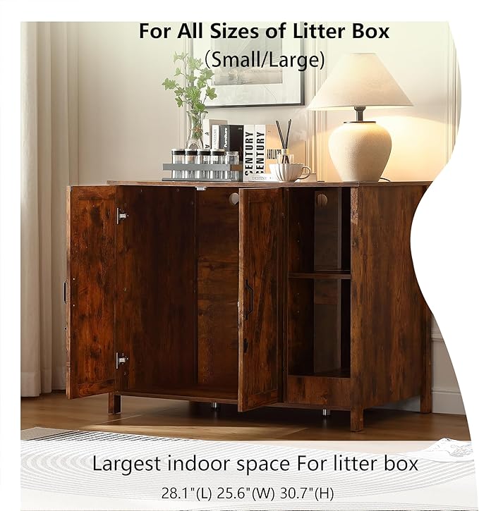 Large Cat Litter Enclosure with Litter Collector, Enclosure for self-Cleaning Litter Boxes,Adjustable Shelf for Dog Proof,Charging Station,Locks Added for cat,Cat House,Rustic Brown