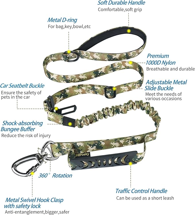 Hotsky Tactical Dog Leash Heavy Duty,4-6Ft Strong Bungee Shock Absorbing Lead with Padded Double Handle,Car Seatbelt,Metal Carabiner Clip,No Pull Leash for Small Dogs,Army Camo
