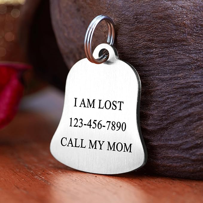 Ultra Joys Cat ID Tag Personalized Pet Tags, Durable Stainless Steel Small Pet Mini Dog Cat Tag Lightweight - Bell Tag in Silver