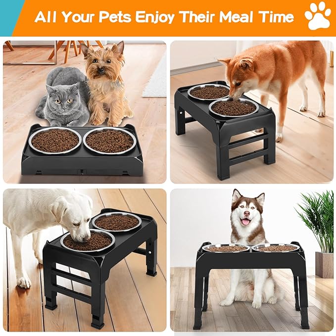 COMESOON Elevated Dog Bowls, 4 Height Adjustable Raised Bowl Stand with 2 Thick 50oz Stainless Steel Food Bowls Non-Slip Feeder Adjusts to 3.7'', 9.2'', 10.75'', 12.36'' Black, (DB-W01)