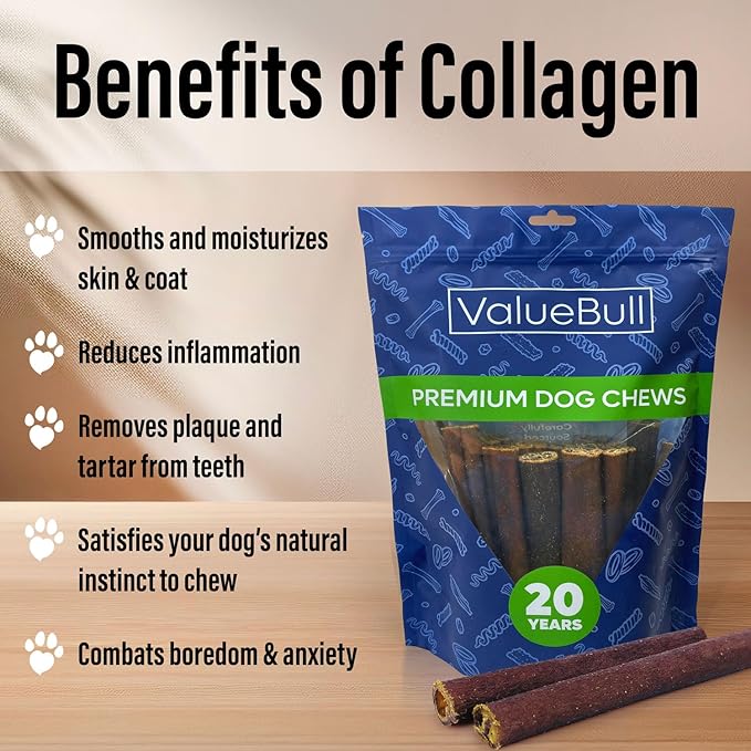 ValueBull Collagen Sticks for Dogs, 6 Inch Thick Chews, Natural Long-Lasting Dog Treats, 400 Count Wholesale Pack - Supports Joints, Skin & Coat with Chondroitin & Glucosamine