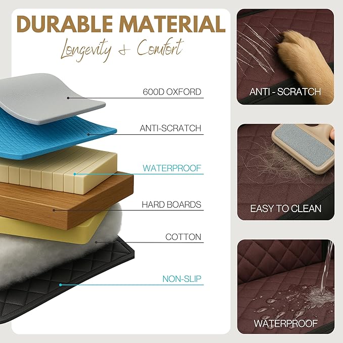 Premium Dog Car Seat & Back Seat – Waterproof & Non-Slip Travel Hammock with Storage Pockets | Secure & Comfortable Pet Seat Cover for Medium Dogs – Fits Cars, SUVs & Trucks (Brown)