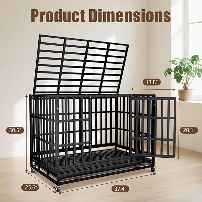 38 Inch Heavy Duty Dog Crate for Large Dogs,Upgraded Escape-Proof Kennel with Chew-Resistant Metal & Reinforced Base, Double Door Cage with Wheels & Removable Tray, Holds Up to 200lbs
