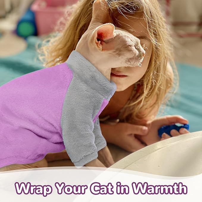 PUMYPOREITY Turtleneck Sweater for Sphynx Cat, Soft Coral Fleece Cat Clothes, Thick Winter Warm Outfit Coat with Sleeves, M, Purple