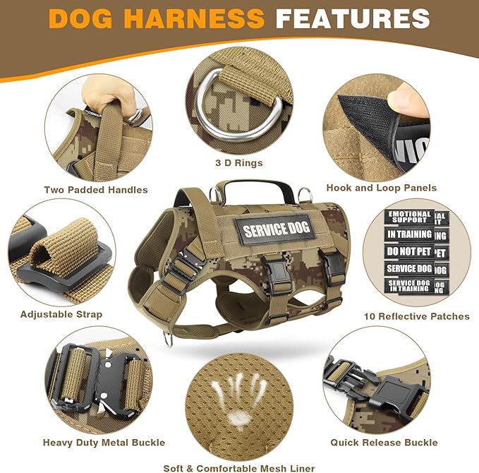 WINSEE Service Dog Vest Harness for Large Dog, Tactical Working MOLLE Vest with 10 Pet Patches, No Pull Heavy Duty Harness for Training Walking