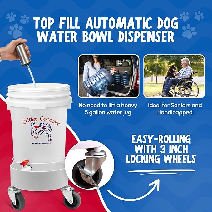 Pet Gravity Water Dispenser: 5 Gallon. for Dogs, Cats, Goats, Small Animals. Quiet, No BPA and Made in USA. Ideal Dog Bowl Large Breed. Best Automatic Waterer.