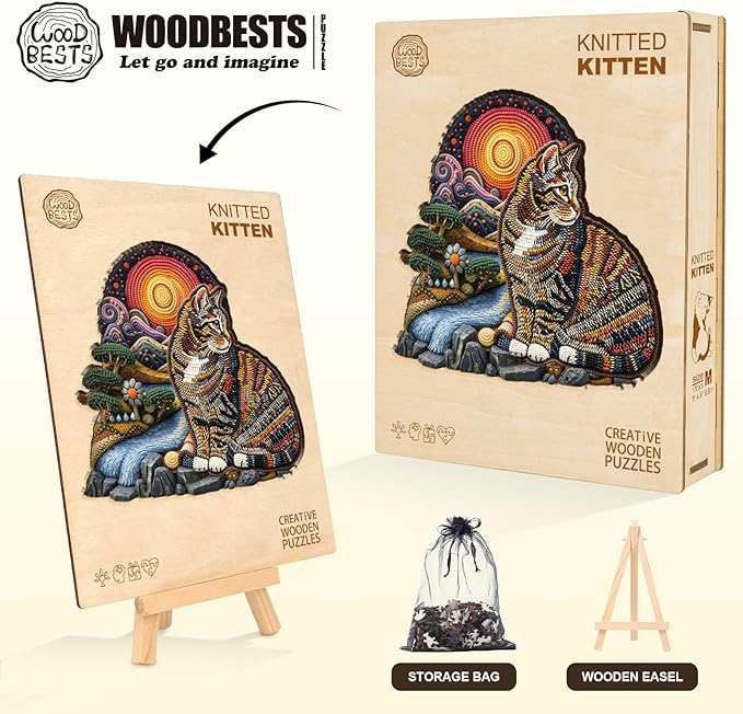 KAAYEE Wooden Puzzles for Adults, Knitted Kitten Puzzles, 240 Piece Unique Animal Shape Puzzle, Cat Wood Puzzle for Adults, Creative Gifts for Cat Lover/Friends/Family, Home Decor(13.4 * 12.7in)