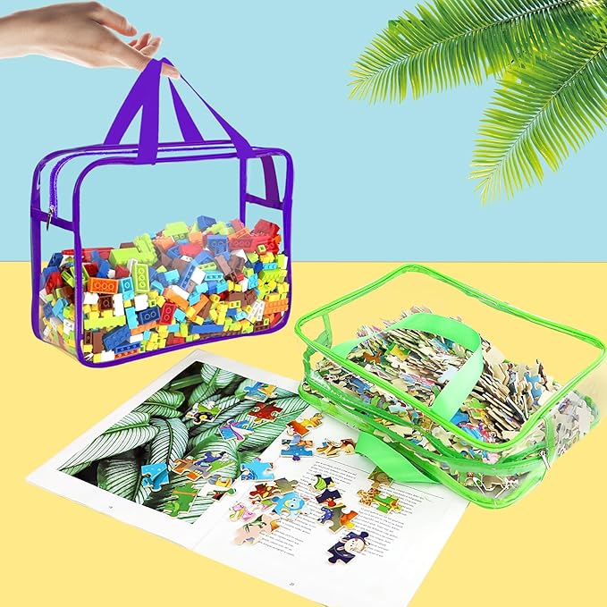6 Color Large Toy Storage Bags with Labels, Reusable Clear PVC Board Game Storage, Travel Waterproof Organizer Bags with Zipper for Building Blocks, Puzzle, Kids Books