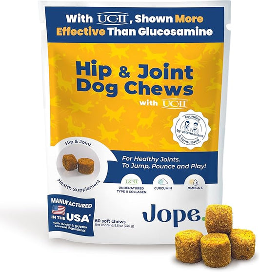 Jope Hip & Joint Supplement for Dogs Large, Medium, Small - Joint Chews w/UC-II® Collagen - Proven Better Than Glucosamine Chondroitin in Canine Health - Veterinarian Formulated, Omega 3 & Curcumin
