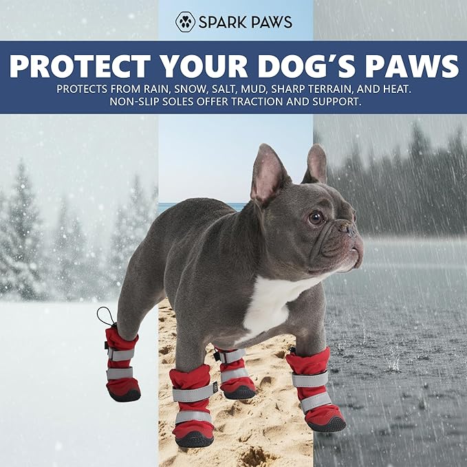 Spark Paws Dog Shoes, Waterproof Dog Boots for Medium to Large Dogs, Non Slip, Breathable Dog Booties and Paw Protectors - 4PCS Doggie Hiking Boots with Reflective Straps - Red, Size 1