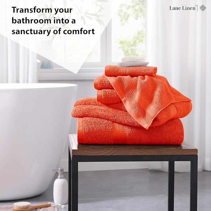 LANE LINEN 100% Cotton Luxury Bathroom Towel Set - 6 Pcs - Ring Spun, Quick Dry, Very Soft & Absorbent - 2 Bath, 2 Washcloths, 2 Hand Towels - Remains Fluffy Even After Multiple Washes - Tiger Lily
