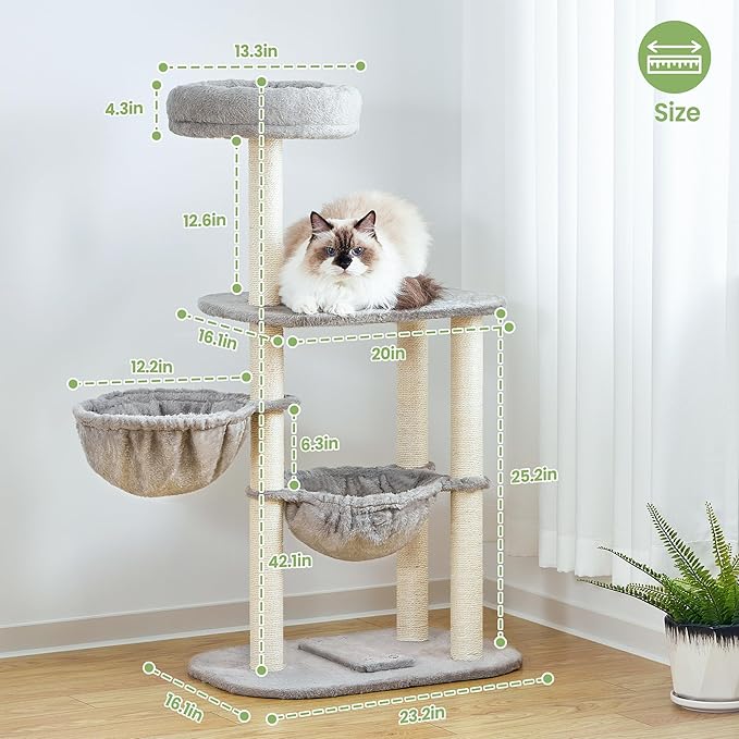 Cat Tree Tower for Indoor Cats Large Adult - 42 Inch Small Cats Condo Bed with Scratching Post Hammock Perch - Medium Multi Level Cat House for 2 Kitty Kitten - Grey Tall Climbing Towers Furniture