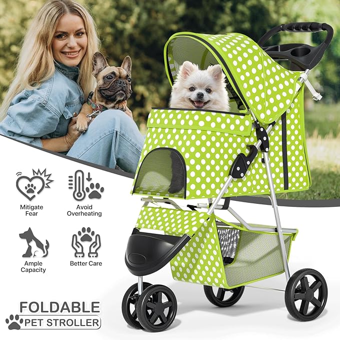 MoNiBloom 3 Wheels Pet Dog Cat Stroller for Small Medium Dogs Cats, Foldable Jogger Stroller w/Storage Basket and Cup Holder, Lawn Green Polka Dots
