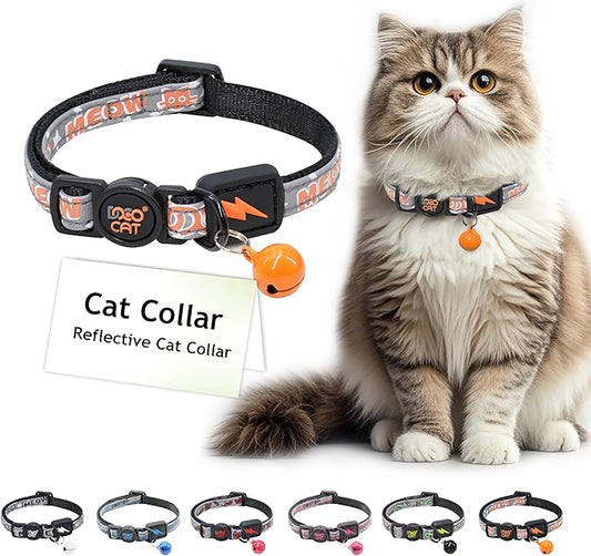 DOCO Cat Collar Breakaway Safety Buckle - Reflective Kitten Collar with Bell, Adjustable Nylon Strap for Kittens & Adult Cats - Orange, Neck Girth - 3/8" x 7.5-12", Weight Up to - 13lb