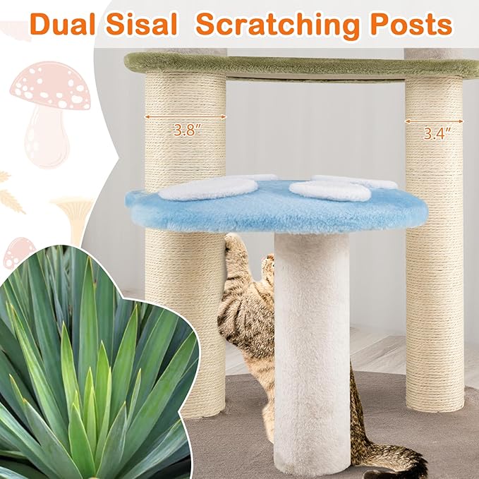 PETSITE Mushroom Cat Tree, Multi-Level Cute Cat Tree Tower with Sisal Scratching Posts, Cat Condo, Soft Plush Perches, and Dangling Toys for Indoor Cats (48 Inch)