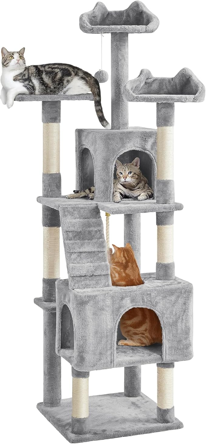 Yaheetech XL Cat Tree, 72in Multi-Level Cat Tower with 2 Cozy Caves, 3 Soft Perches, Scratching Posts, Board, and Dangling Ball, Pet Furniture Play House for Kittens/Cats, Light Gray