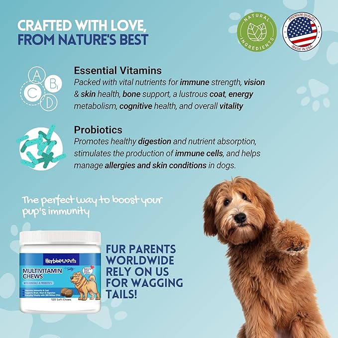 HERBION Pets Multivitamin Chews with Minerals & Probiotics, Improves Immunity & Coat, Supports Digestion, Brain & Heart Health, Delicious Natural Duck Flavor, Dog Supplements & Vitamins, Pack of 1