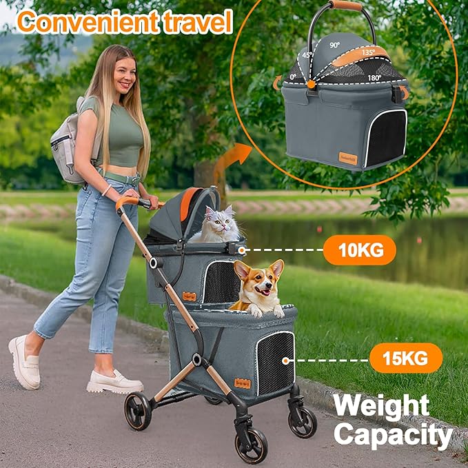 Double Dog Stroller for Small & Medium Pets - 4 Wheel Jogger with Detachable Cat Carriage, Dog Strollers Spacious Storage Basket and One-Button Foldable Design