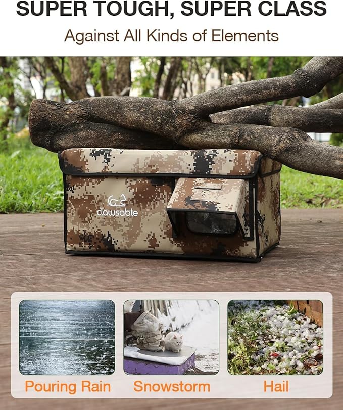 Indestructible Heated Cat House for Outside Cats Winter, 100% Weatherproof, Safe Escape Door, Insulated Outdoor Cat Shelter with Heater for Feral Barn Cat Kitty (Desert Camouflage, 13"x17"x12.6")